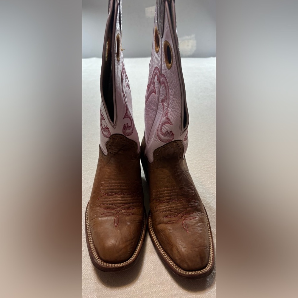 Hondo Boots Womens Brown Pink Leather Western Cowboy Square Toe Pull On USA - Picture 5 of 8